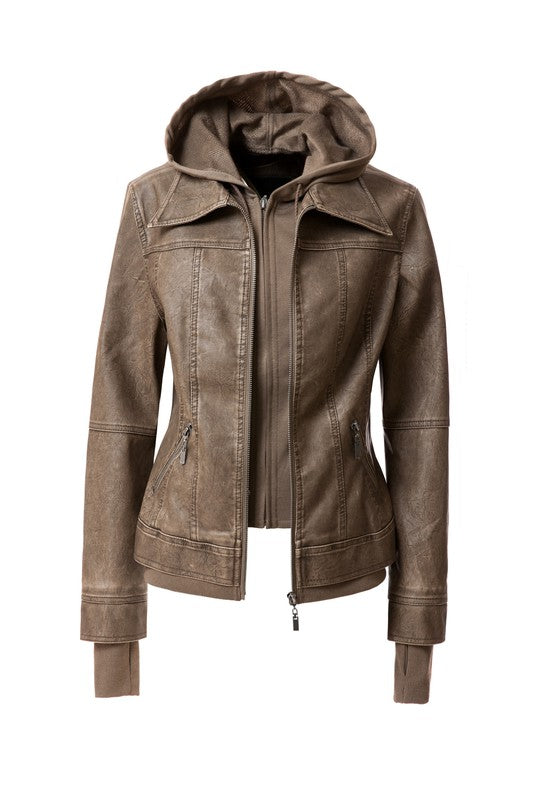 Detachable Hooded PU Leather Motorcycle Jacket for Women