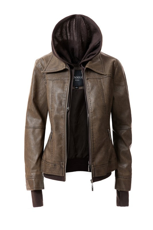 Detachable Hooded PU Leather Motorcycle Jacket for Women