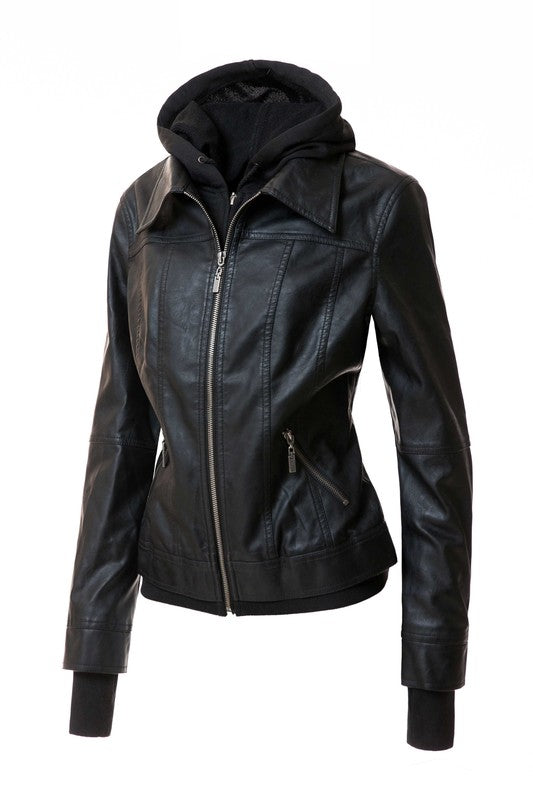 Detachable Hooded PU Leather Motorcycle Jacket for Women