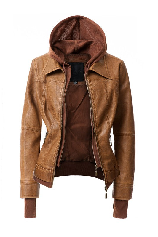 Detachable Hooded PU Leather Motorcycle Jacket for Women