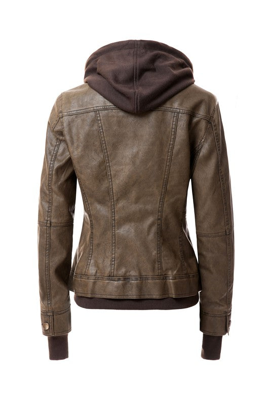 Detachable Hooded PU Leather Motorcycle Jacket for Women