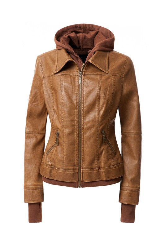 Detachable Hooded PU Leather Motorcycle Jacket for Women