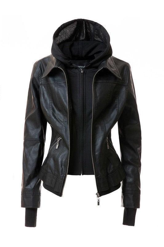 Detachable Hooded PU Leather Motorcycle Jacket for Women