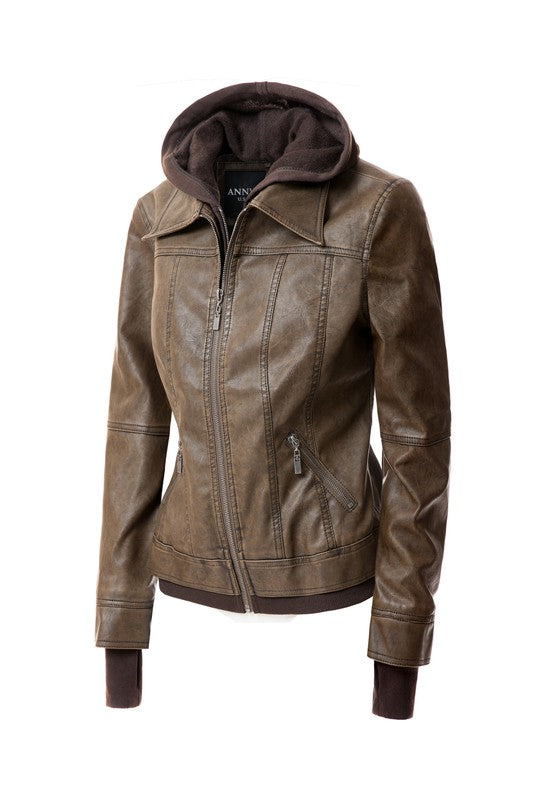 Detachable Hooded PU Leather Motorcycle Jacket for Women