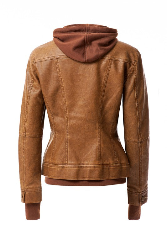 Detachable Hooded PU Leather Motorcycle Jacket for Women