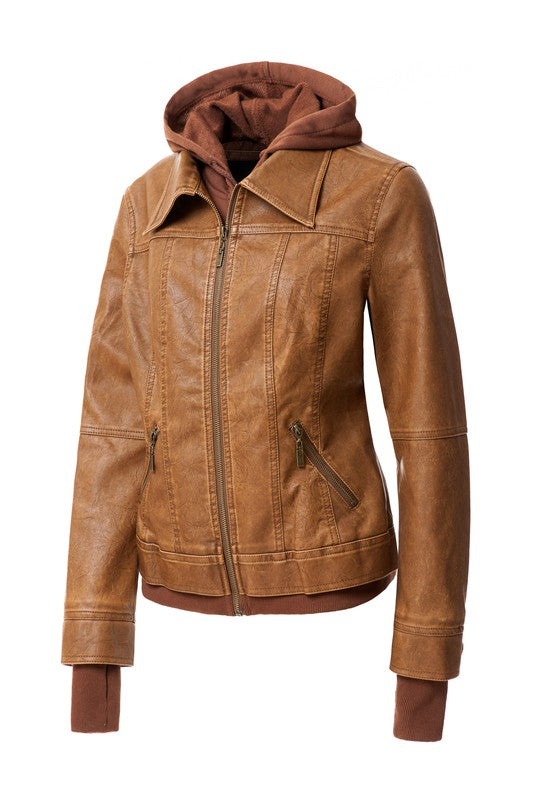 Detachable Hooded PU Leather Motorcycle Jacket for Women