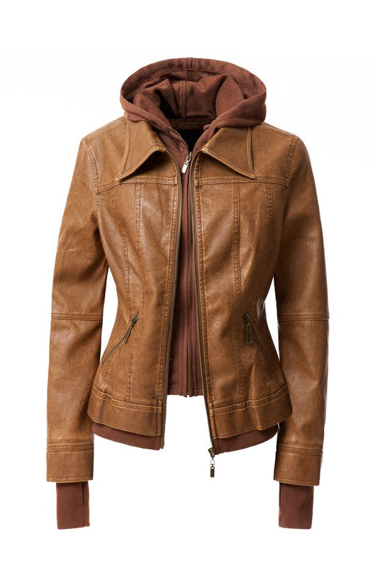 Detachable Hooded PU Leather Motorcycle Jacket for Women