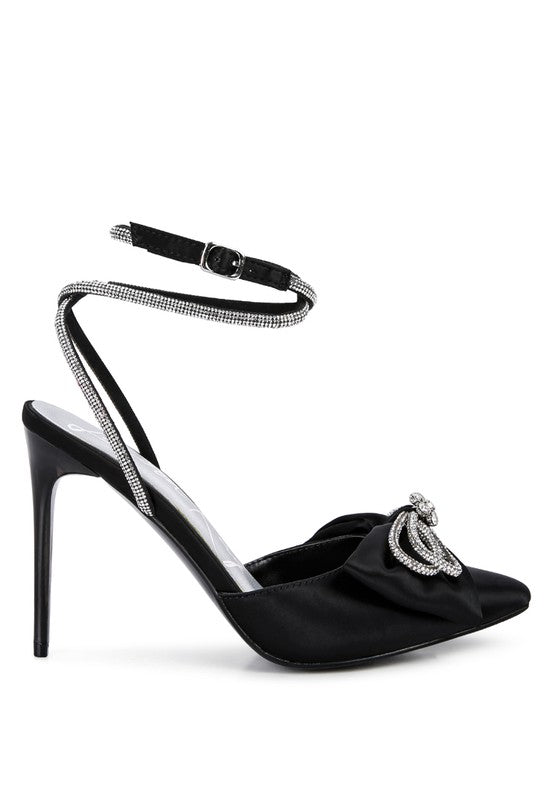 Sparkling Rhinestone Bow Satin Stiletto Sandals