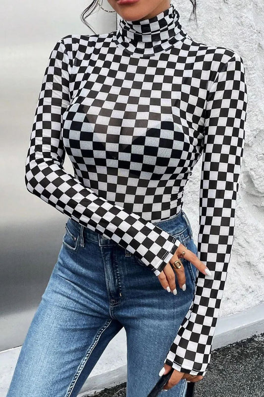 Checkered Long Sleeve Turtleneck Bodysuit