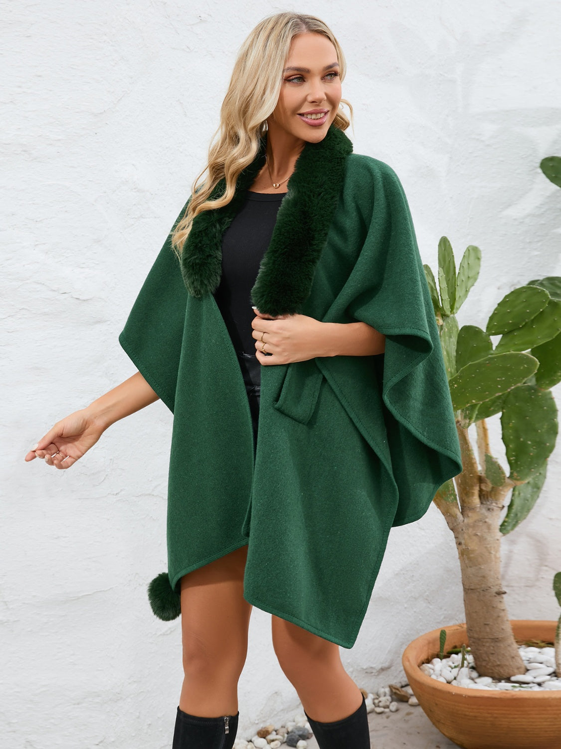 Cozy Fuzzy Trim Open Front Cape