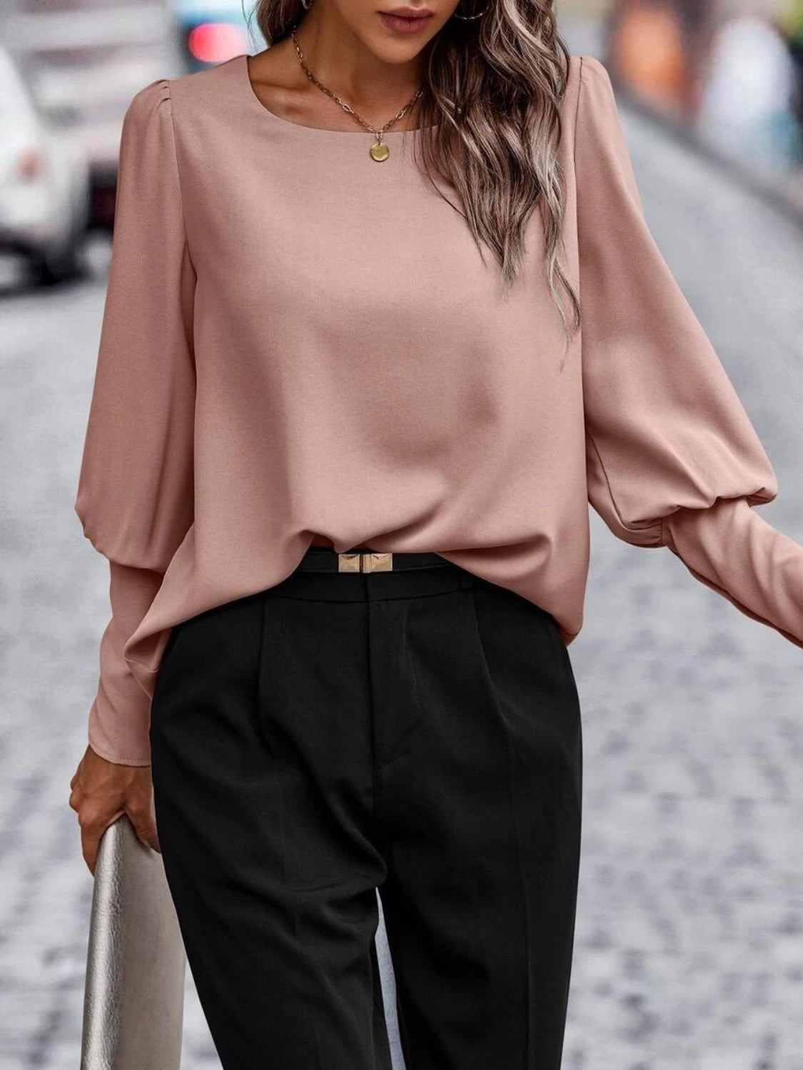 Decorative Button Sheer Blouse with Long Sleeves and Round Neck