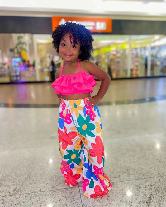 Tropical Print Crop Top and Wide-Leg Pant Set for Kids