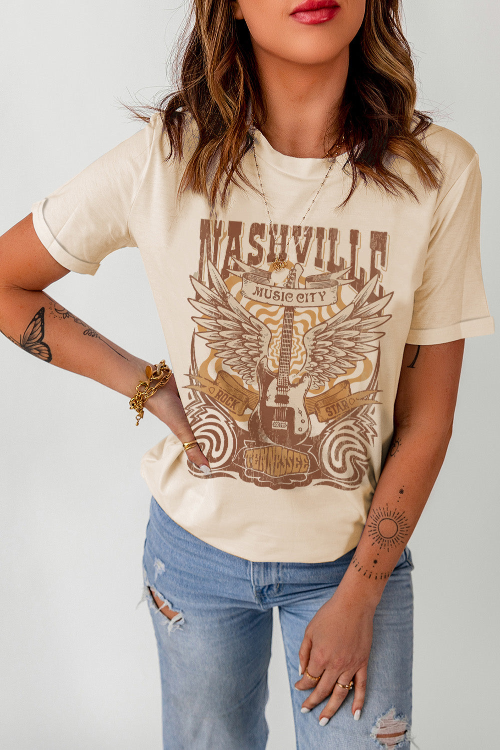 Graphic Print Casual Tee with Round Neck