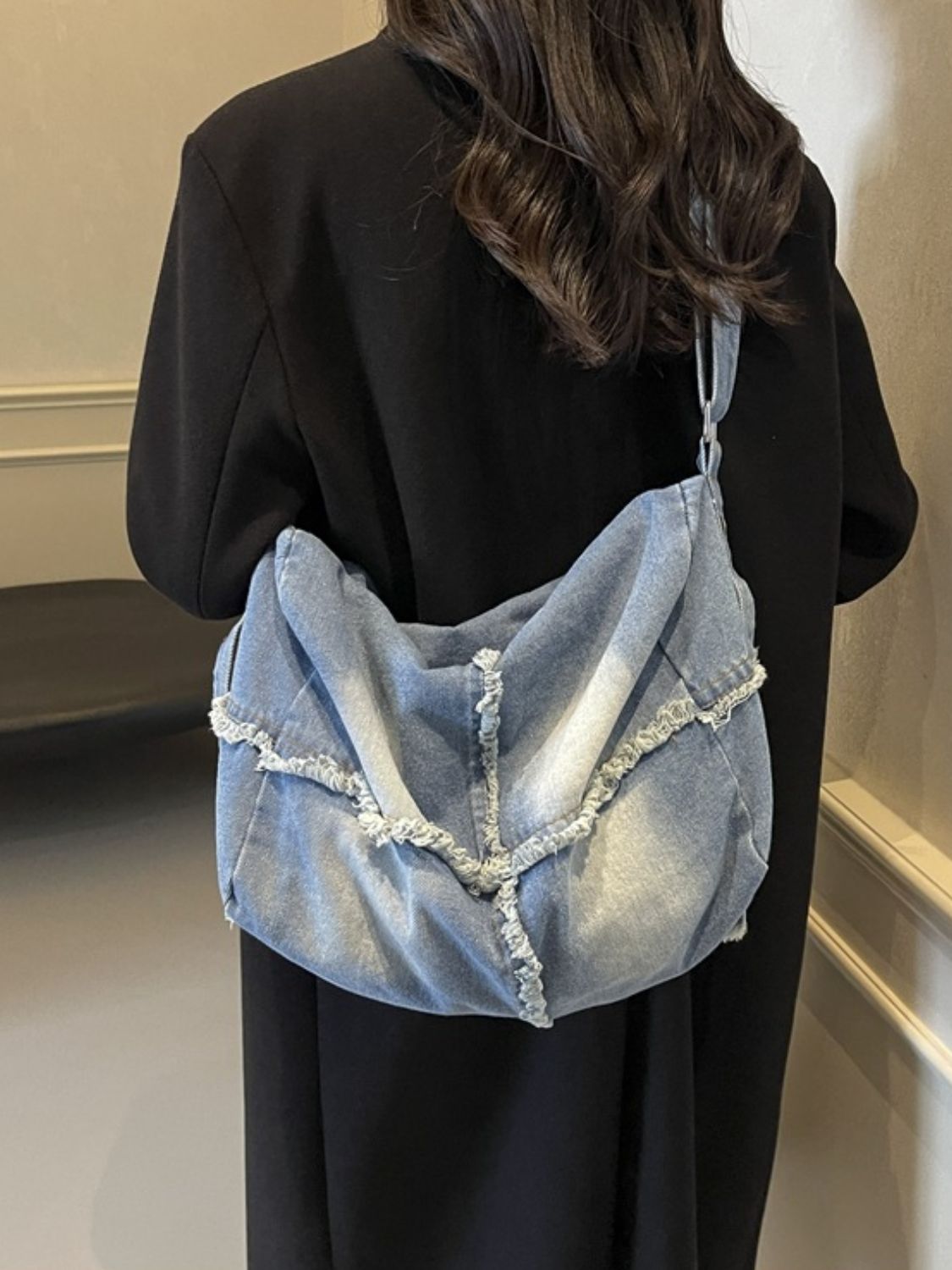Denim Gradient Crossbody Bag with Raw Hem