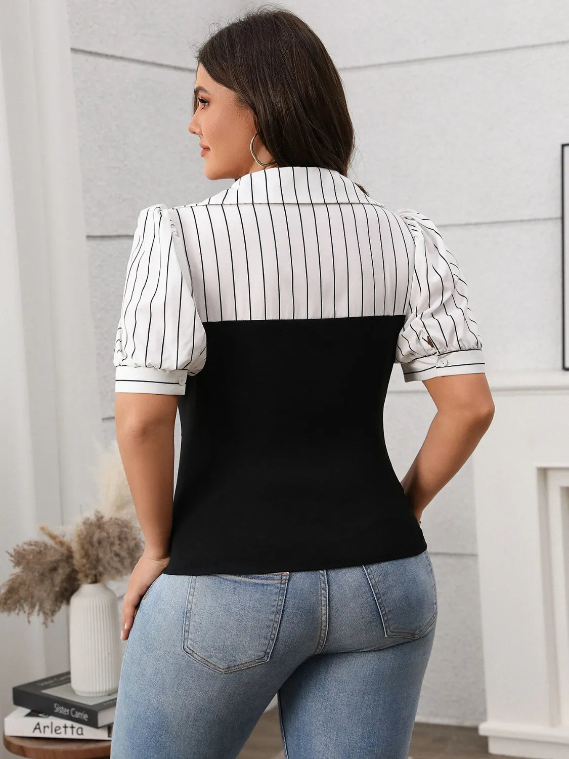 Stylish Striped Johnny Collar Short Sleeve Blouse featuring a sleek design and slightly stretchy fabric for comfort.