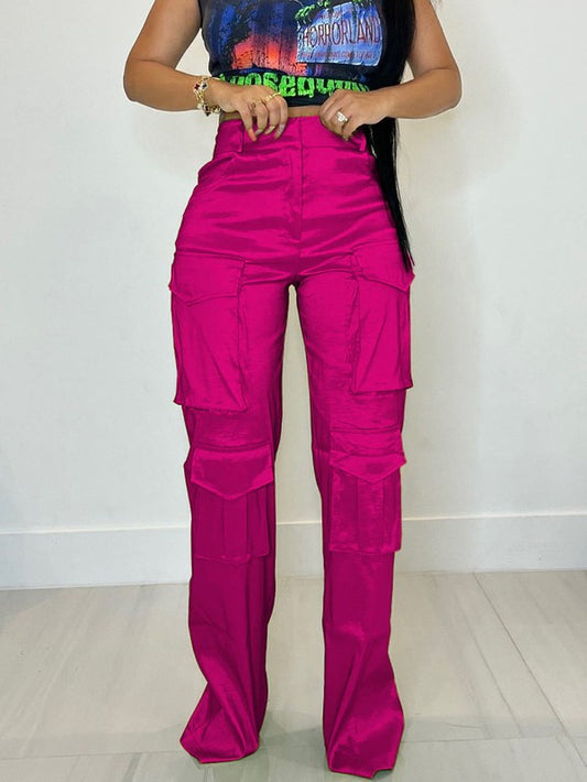 Cargo pants, bright pink cargo pants with multiple pockets, Made in China.