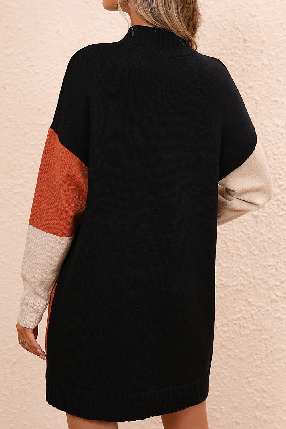 Color Blocked Long Sleeve Mini Sweater Dress with Mock Neck