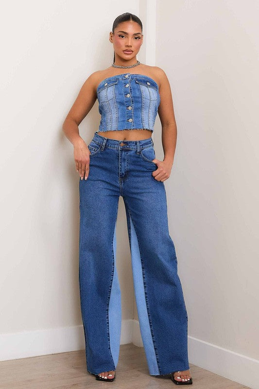 High-Rise Color Block Wide Leg Jeans