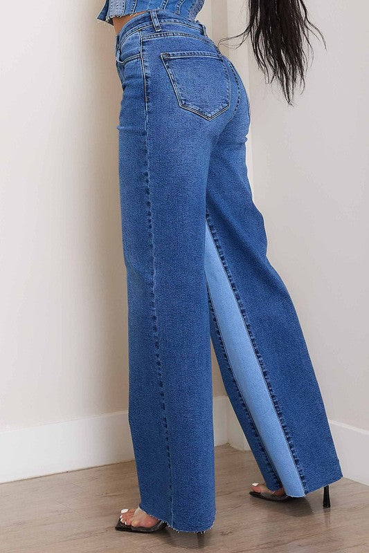 High-Rise Color Block Wide Leg Jeans