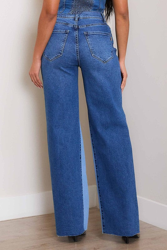 High-Rise Color Block Wide Leg Jeans