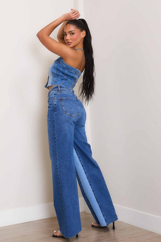 High-Rise Color Block Wide Leg Jeans