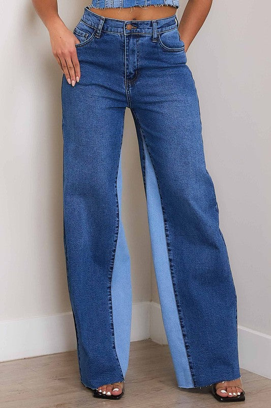 High-Rise Color Block Wide Leg Jeans