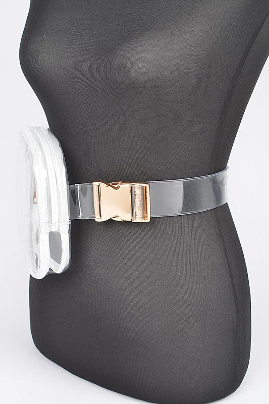 Chic, Clear, Stadium-Ready Fanny Pack – PVC, mixed metal buckle, 9x6x1.5 in, lead and nickel compliant.