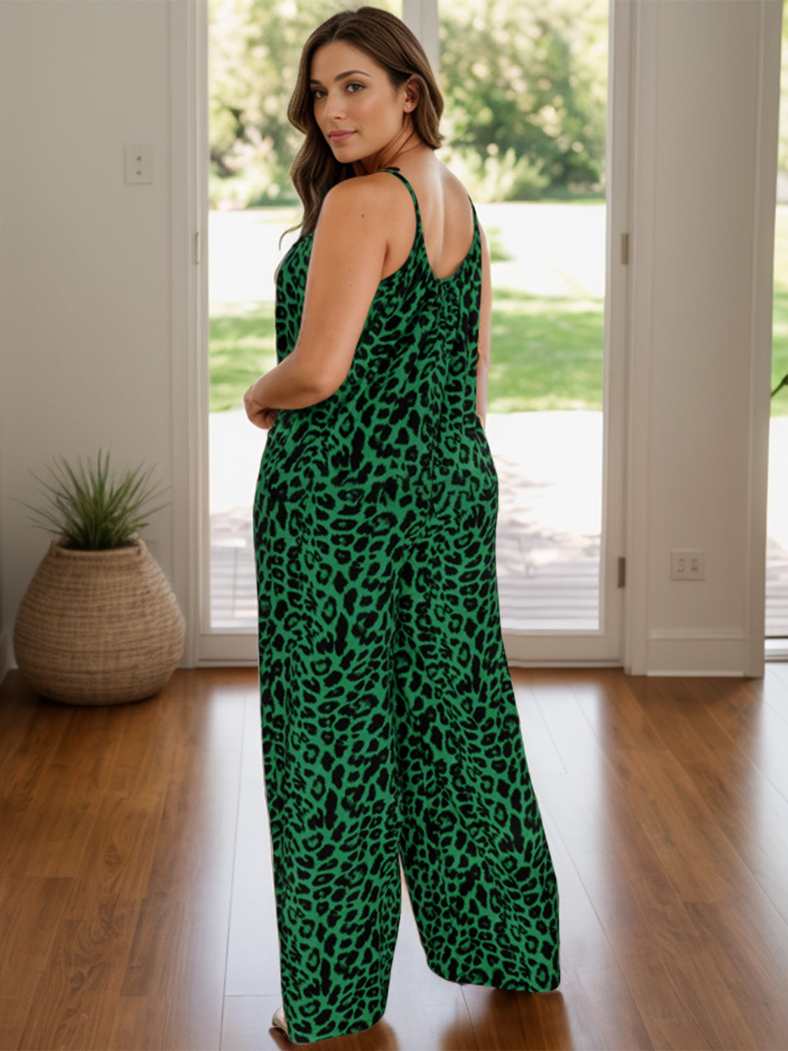 Leopard Print Wide Leg Jumpsuit with Scoop Neck and Pockets