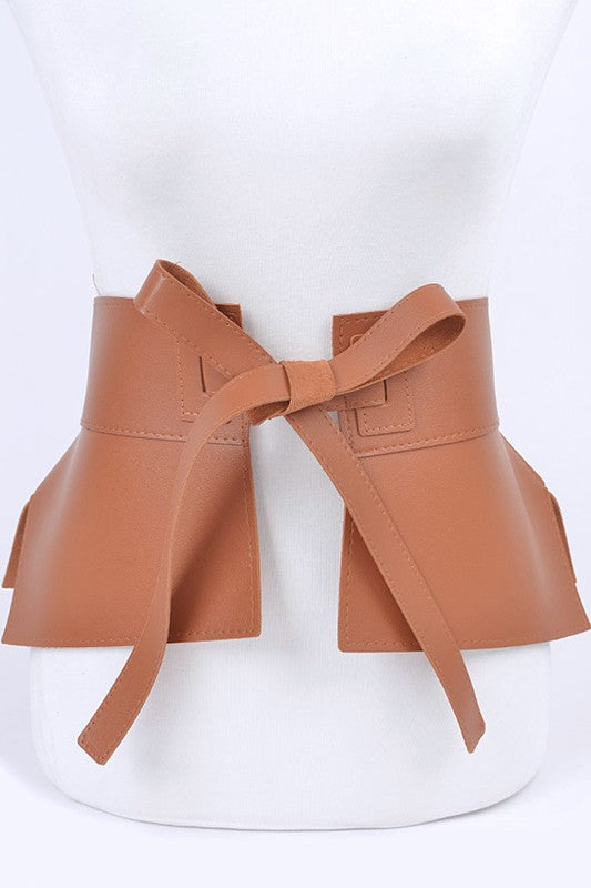 Iconic Faux Leather Skirt Tie Belt in tan, one size, adjustable; belt length 72.5", width 8.5".