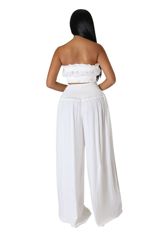 Stylish FASHION WOMEN TWO PIECE SET featuring a bralette top and high waist wide leg pants for a chic look.