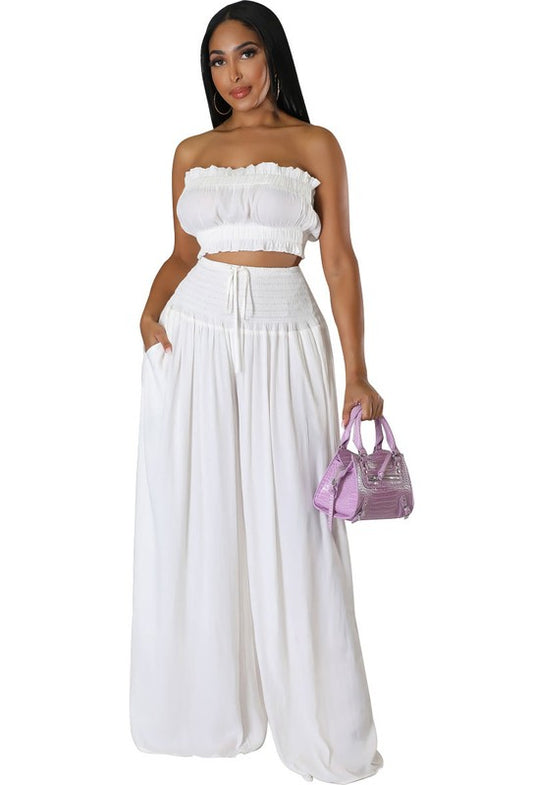 Stylish FASHION WOMEN TWO PIECE SET featuring a bralette and high waist wide leg pants, perfect for a chic look.
