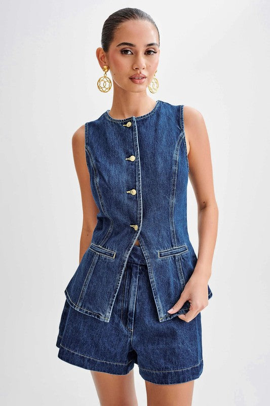 Stylish Two Piece Denim Short Set with sleeveless vest and shorts, perfect for casual summer looks by ShopCo.