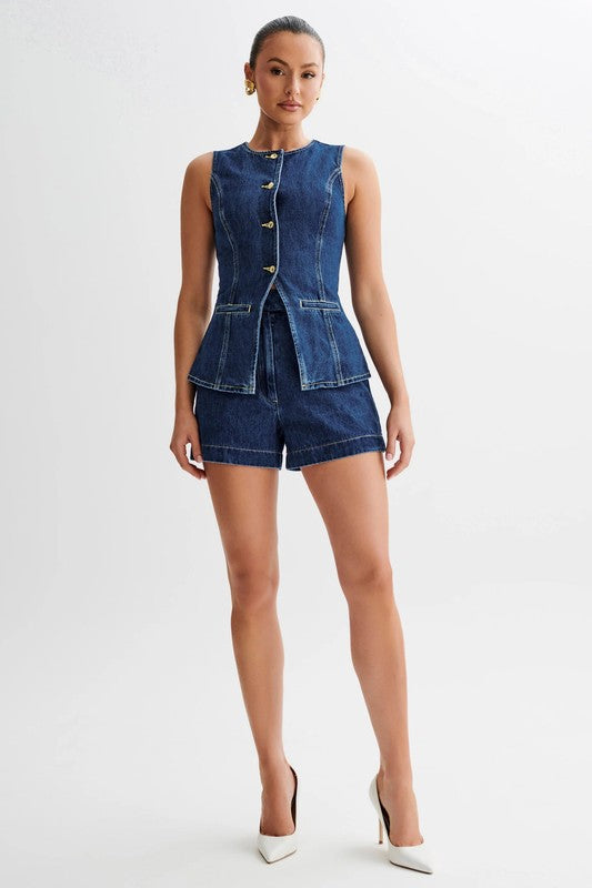 Stylish Two Piece Denim Short Set with sleeveless vest and shorts, perfect for casual summer outfits.