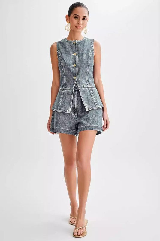Stylish Two Piece Denim Short Set with sleeveless vest and shorts, perfect for summer, available in multiple sizes at StyleHub.