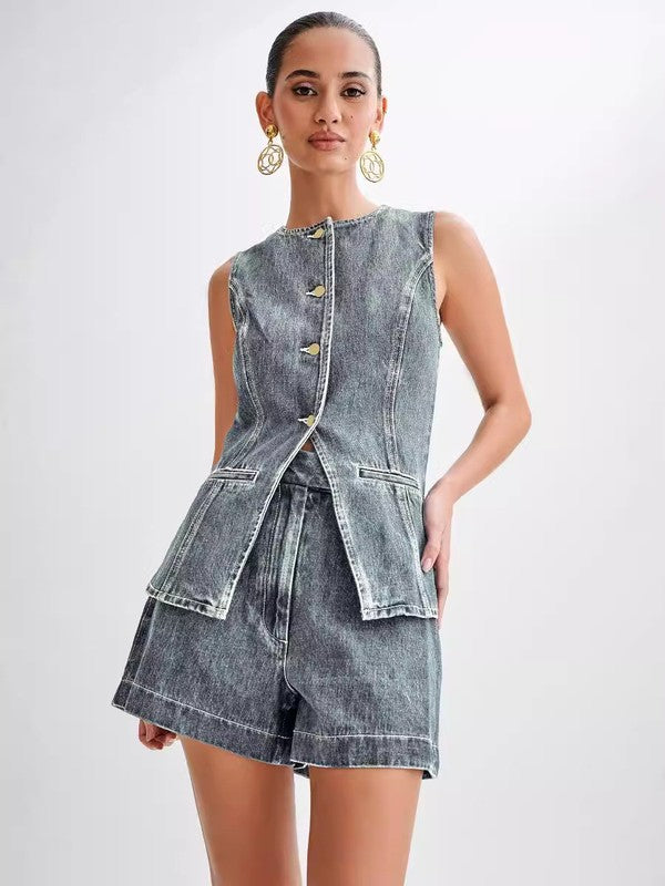 Stylish Two Piece Denim Short Set with sleeveless vest and shorts, perfect for casual summer looks, available at Fashion Store.