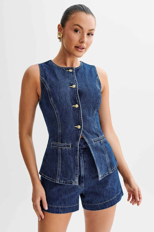 Stylish Two Piece Denim Short Set with sleeveless vest and matching shorts, perfect for casual summer looks.