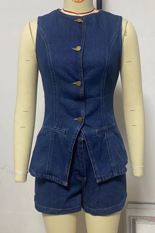Blue denim sleeveless vest and shorts set with button details, perfect for stylish summer looks, available at Fashion Hub.