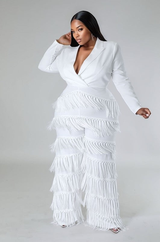 Fringe-Trimmed Wide Leg Jumpsuit with Collar "PRE-ORDER"