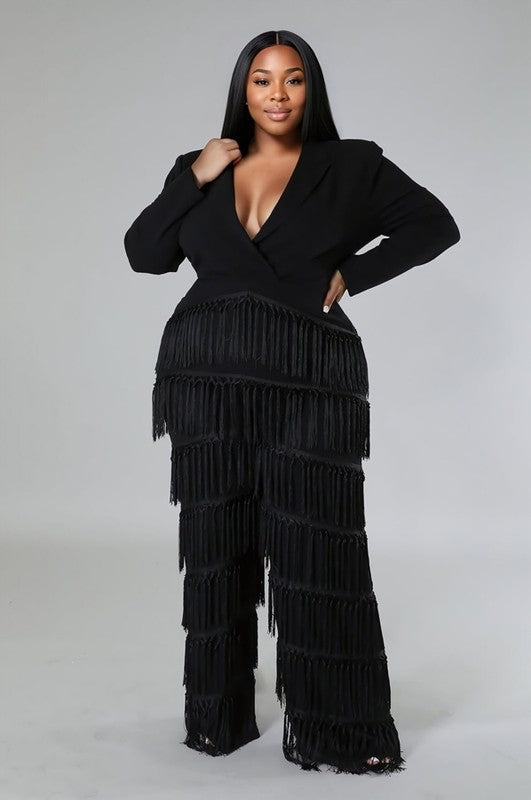 Fringe-Trimmed Wide Leg Jumpsuit with Collar "PRE-ORDER"