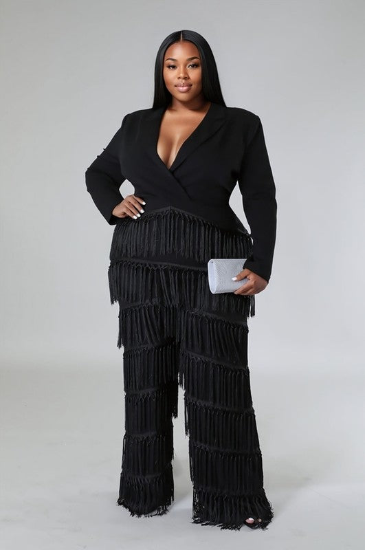 Fringe-Trimmed Wide Leg Jumpsuit with Collar "PRE-ORDER"