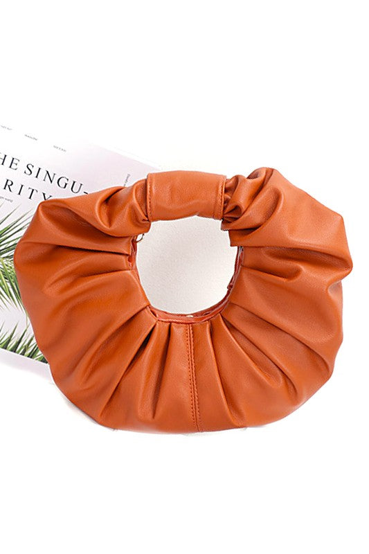 Pleated Faux Leather Round Clutch with Removable Shoulder Chain