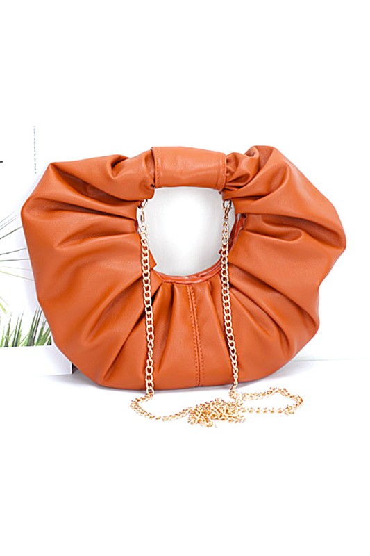 Pleated Faux Leather Round Clutch with Removable Shoulder Chain