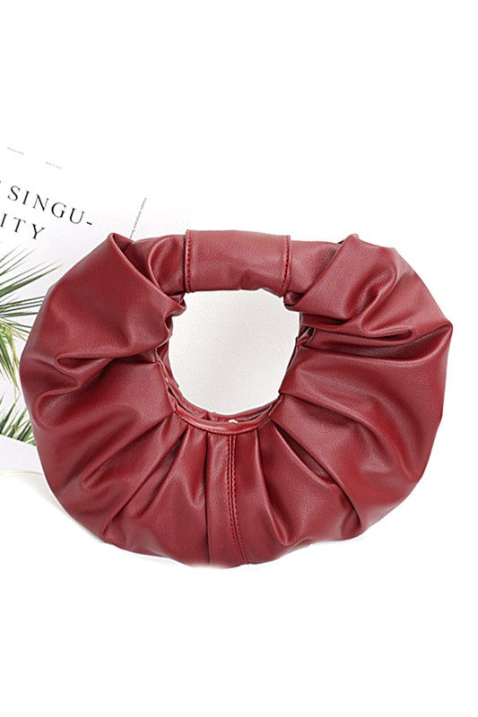 Pleated Faux Leather Round Clutch with Removable Shoulder Chain