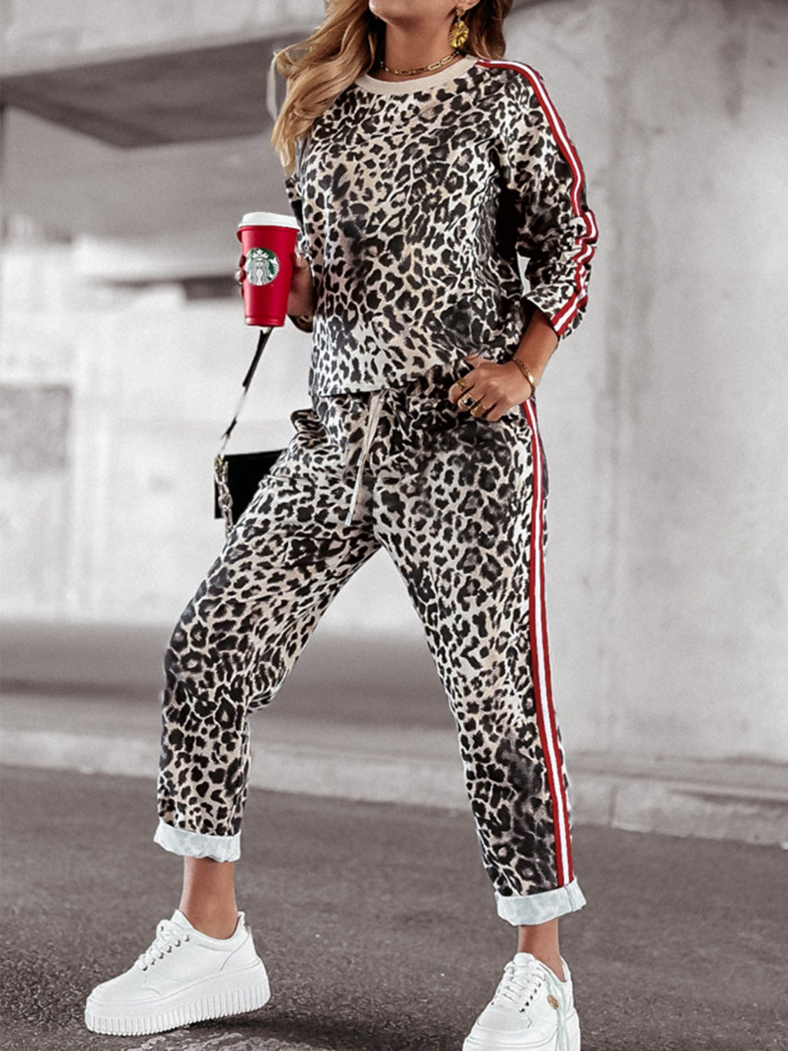 Leopard Print Long Sleeve Top and Pants Set with Pockets