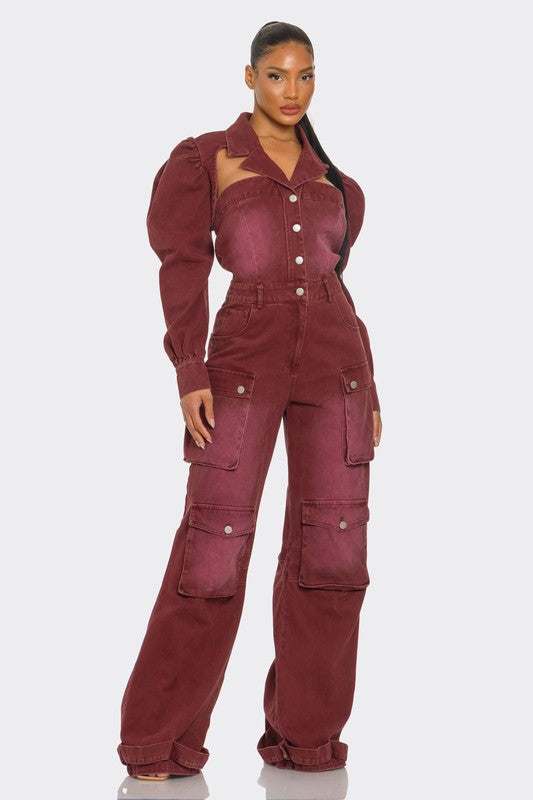 Stylish Vintage Inspired Utility Burgundy Jumpsuit features puffed shoulders and wide-leg cargo pants for a modern look.