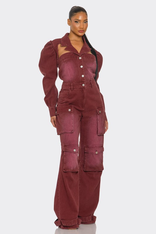 Vintage Inspired Utility Burgundy Jumpsuit featuring puffed shoulders and wide-leg cargo pants for a stylish, modern look.