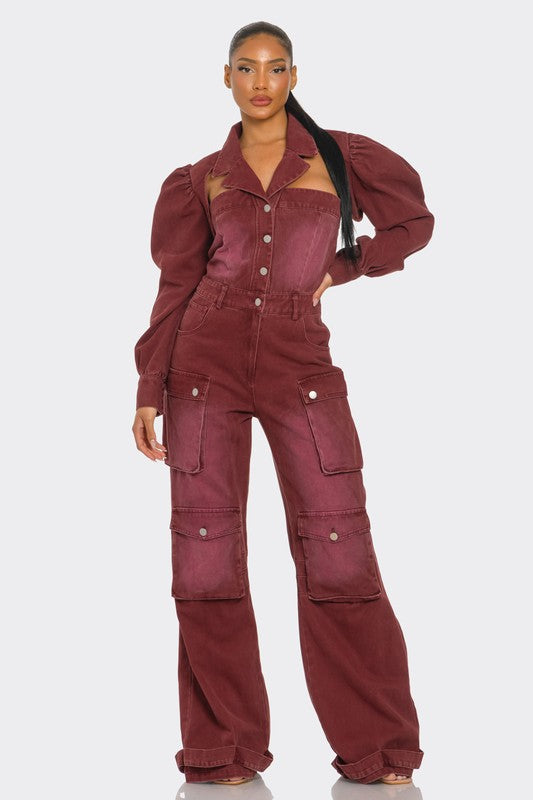 Stylish Vintage Inspired Utility Burgundy Jumpsuit featuring puffed shoulders and wide-leg cargo pants for a modern look.