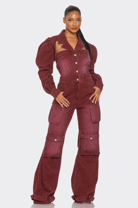Chic Vintage Inspired Utility Burgundy Jumpsuit features puffed shoulders and wide-leg cargo pants for a modern look.
