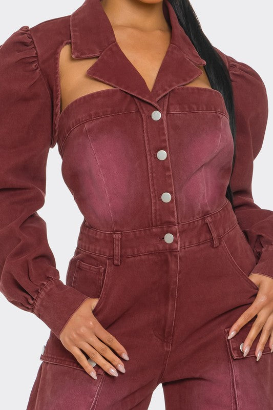 Stylish Vintage Inspired Utility Burgundy Jumpsuit features puffed shoulders and cut-out details for a modern twist.