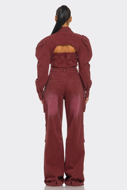 Stylish Vintage Inspired Utility Burgundy Jumpsuit features puffed shoulders and wide-leg cargo pants for a modern look.